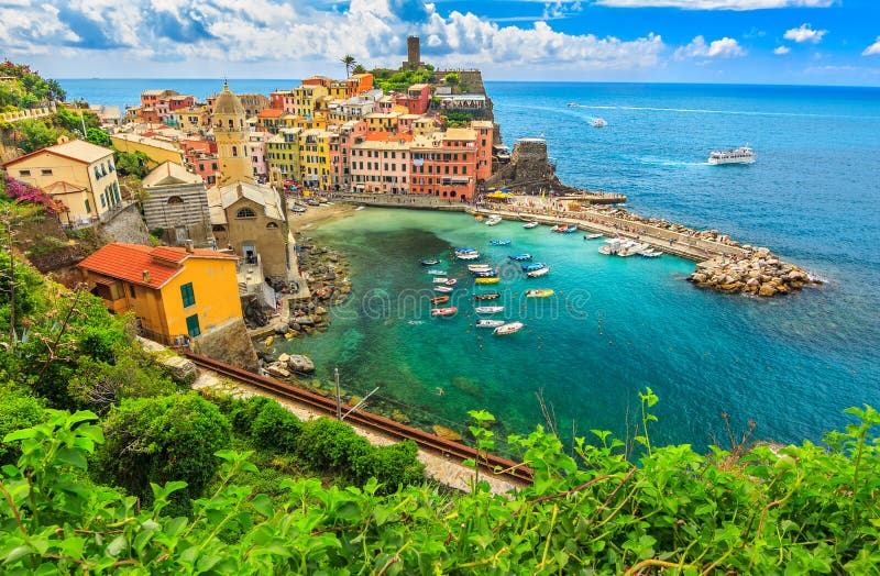 Colorful boats in the bay,Vernazza,Cinque Terre,Italy,Europe royalty free stock photo Colorful boats in the bay,Vernazza,Cinque Terre,Italy,Europe royalty free stock photo