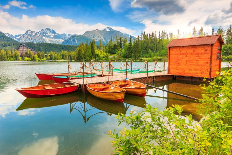 Colorful boats on the mountain lake,Strbske Pleso,Slovakia,Europe