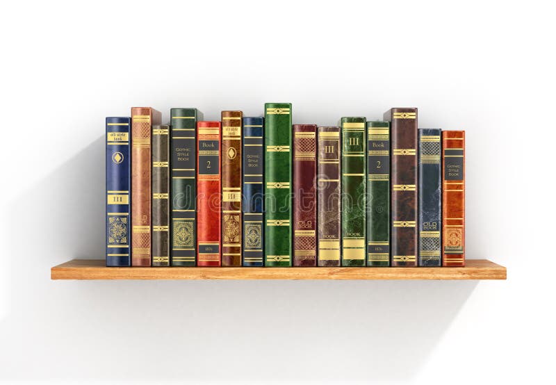 Colorful books on the wood shelf.