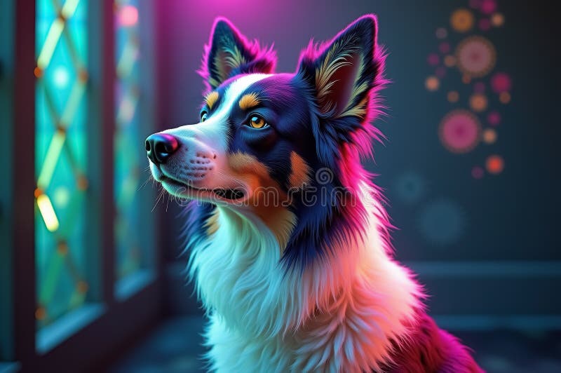Colorful border collie in neon light with intricate background patterns. AI generation stock photos