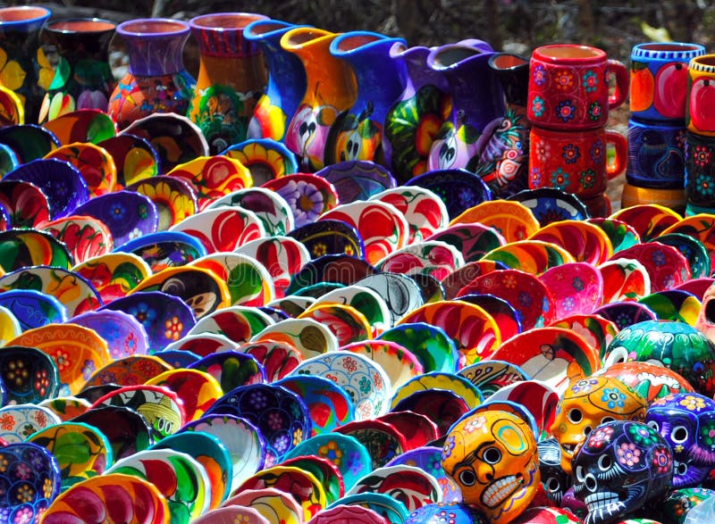 Colorful bowls for sale in market at Chichen Itza