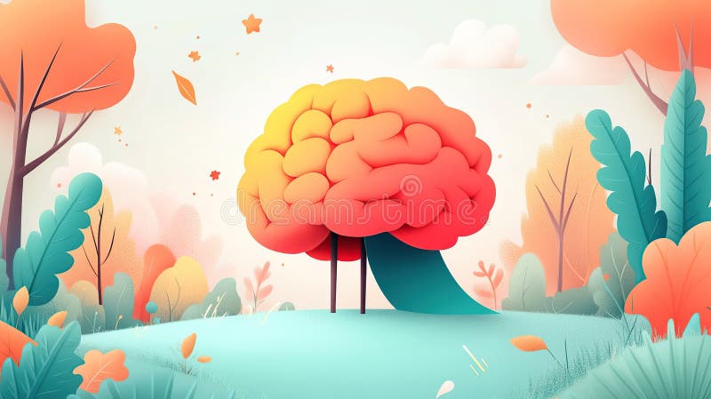 Colorful brain in vibrant landscape