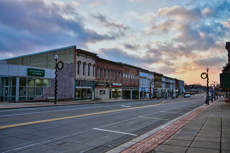Historic Block of Downtown Independence IA at Sunset Editorial St image image