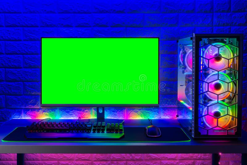 three colorful bright rainbow led rgb pc fan air case cooler white desktop  computer chassis. gaming modding water cooling and technology concept  background Stock Photo