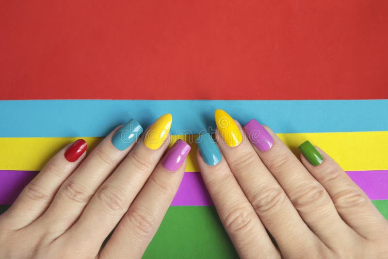Colorful bright manicure with different nail shape,sharp,oval and square.Nail art.