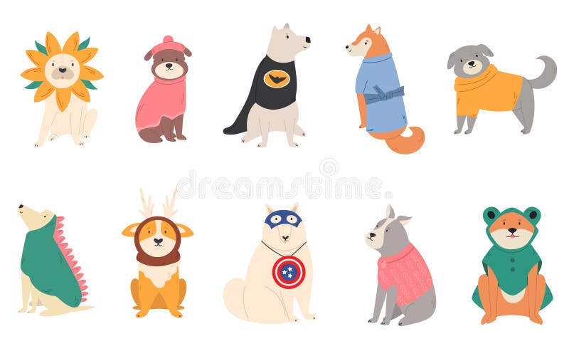 Colorful bundle of different dogs in various costumes