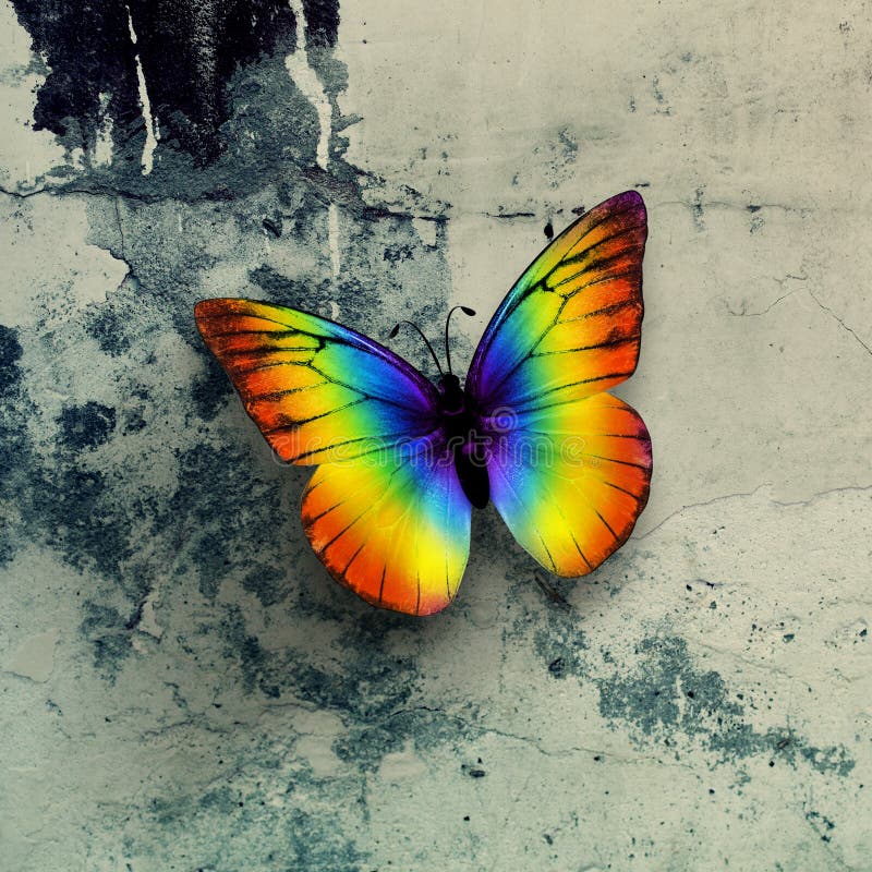 Colorful butterfly on grunge wall surface