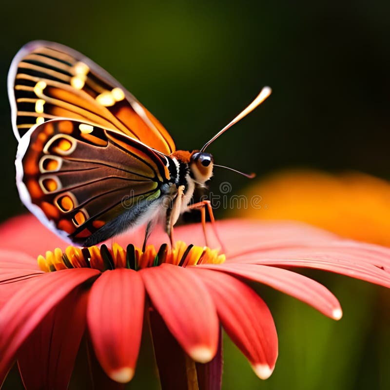 Colorful butterfly perched on a beautiful blooming flower, with the help of sunlight