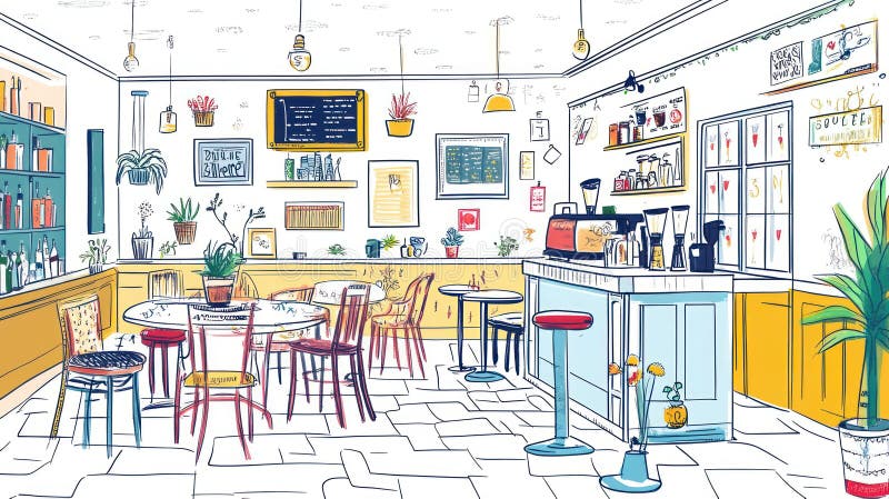 Cozy Cafe Interior Sketch, Coffee Shop Design, Modern Restaurant vector illustration