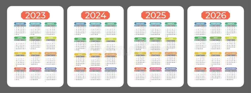 Colorful Calendar 2023, 2024, 2025 and 2026. Color Vector Pocket