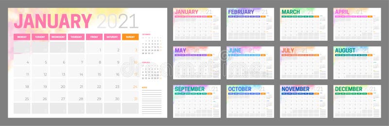 Colorful 2021 Calendar Design with Different Color for Every Month