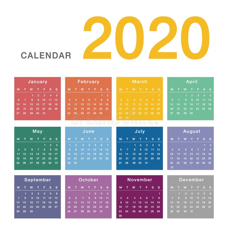 Colorful Calendar year 2020 vector design template, simple and clean design. stock illustration Colorful Calendar year 2020 vector design template, simple and clean design. stock illustration