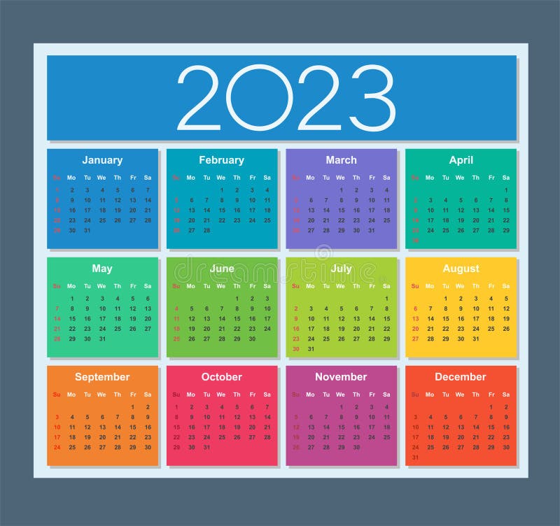 Colorful Calendar For 2023 Year Week Starts On Sunday Stock Vector