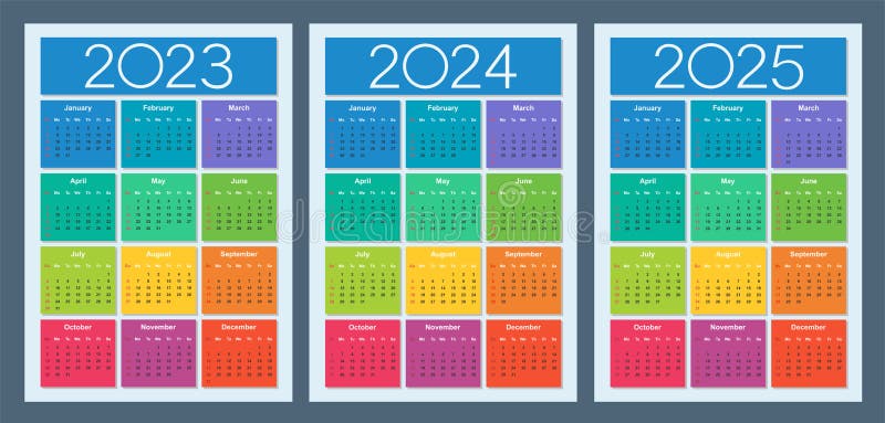 Colorful Calendar for 2023, 2024 and 2025 Years. Week Starts on Sunday