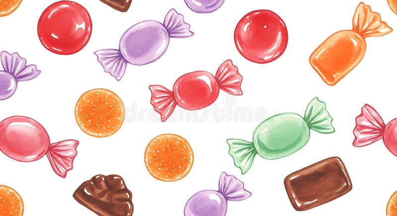 Colorful candies scattered on a white background create a playful pattern. The stock illustration