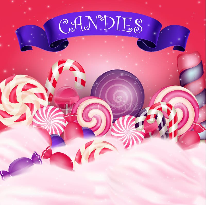 Colorful candy background with realistic blue ribbon