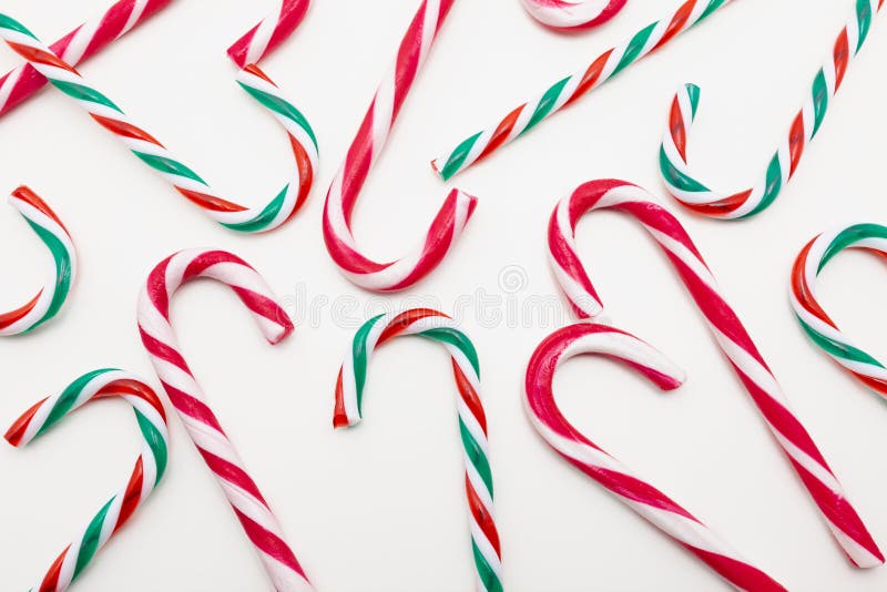 Colorful Candy Canes, Red, White and Green on White Background Stock