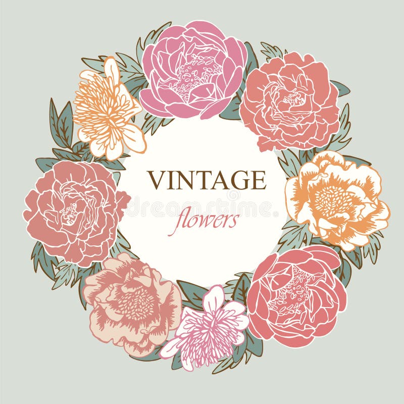 Colorful card with a round wreath of hand drawn flowers in vintage style. royalty free illustration Colorful card with a round wreath of hand drawn flowers in vintage style. royalty free illustration
