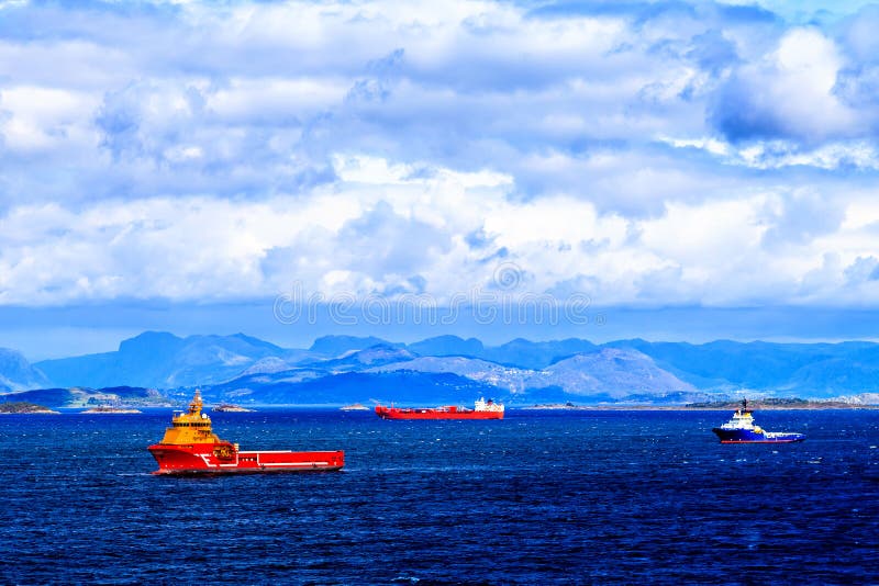 Colorful cargo vessels in the North Sea