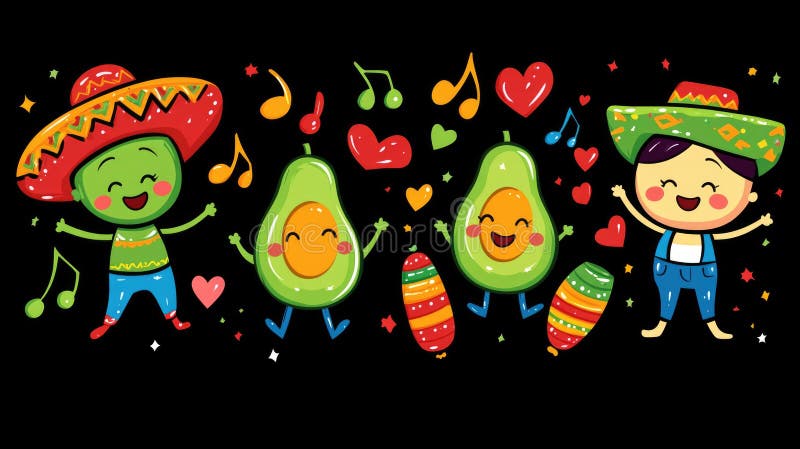 Colorful cartoon avocados and dancing characters with musical elements Happy Cinco de mayo vector illustration