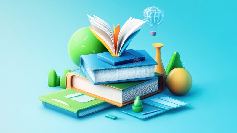 Colorful cartoon books stacked with an open book and other objects on a light blue background stock illustration