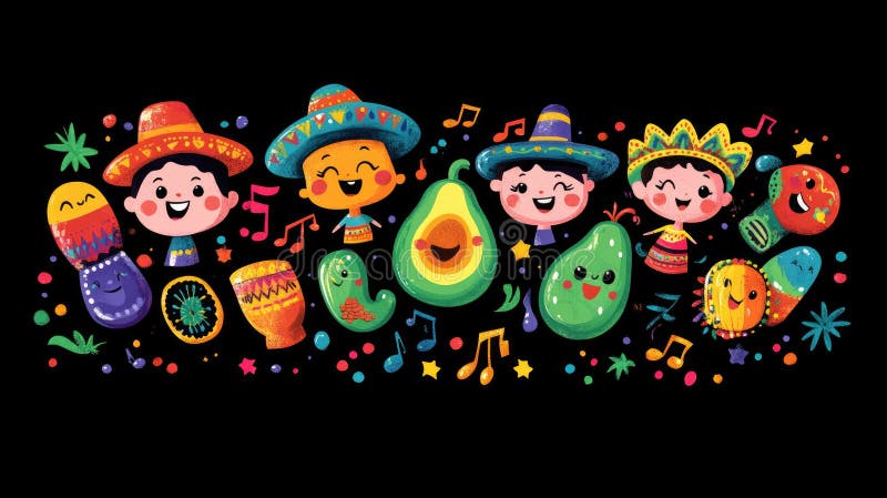 Colorful cartoon celebration with avocados, sombreros, and musical elements Happy Cinco de mayo stock illustration
