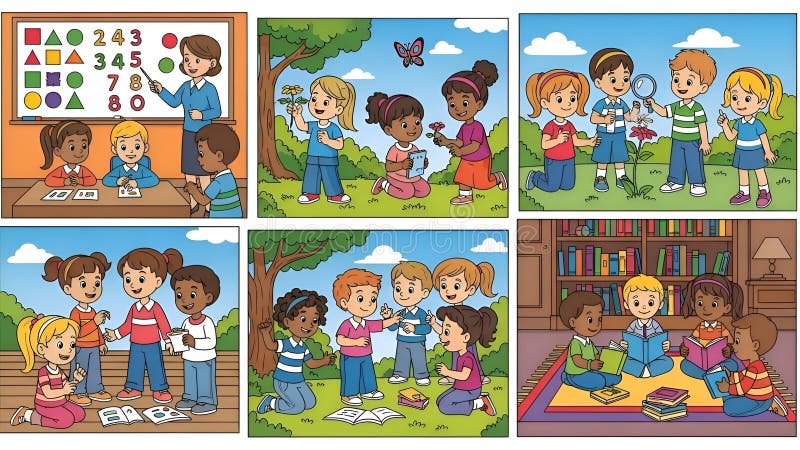 Kids Learning Illustration Education, School, Nature, Reading stock illustration