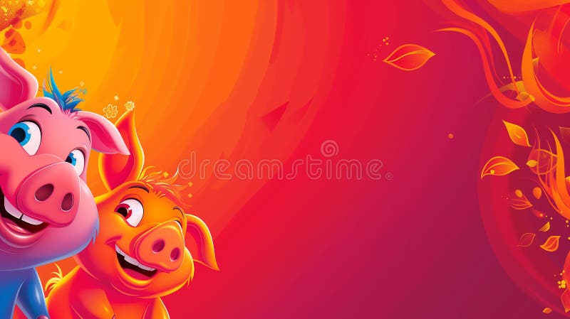 Colorful cartoon illustration two joyful piglets, bright vibrant red and orange stock illustration