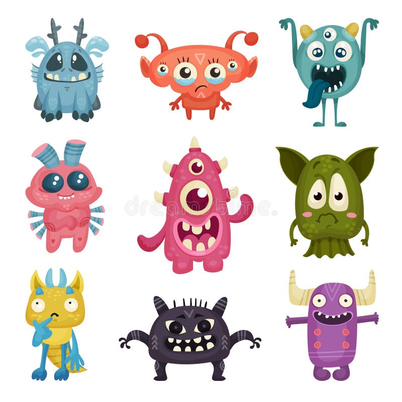 Colorful Cartoon Monsters with Different Emotions on Their Muzzles ...