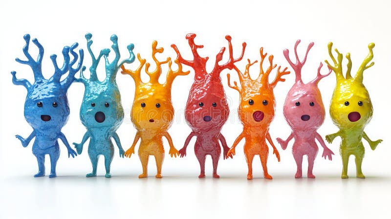 Colorful cartoon neurons engaging friendly interactions teach childrens neuroscience vibrant network setting stock photography
