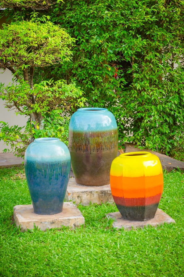 Colorful Ceramic Jars in Garden Stock Photo Image of botany, garden