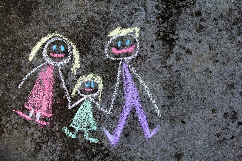 Colorful chalk drawing on asphalt: happy family. Copy space. Colorful chalk drawing on asphalt: happy family. Copy space