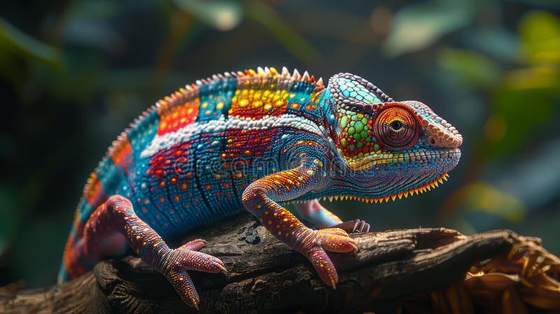 Cameleon colorat pe o ramură generativă stock illustration