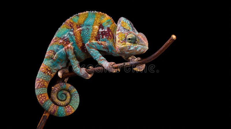 Colorful chameleon on a branch isolated on a black background. stock illustration
