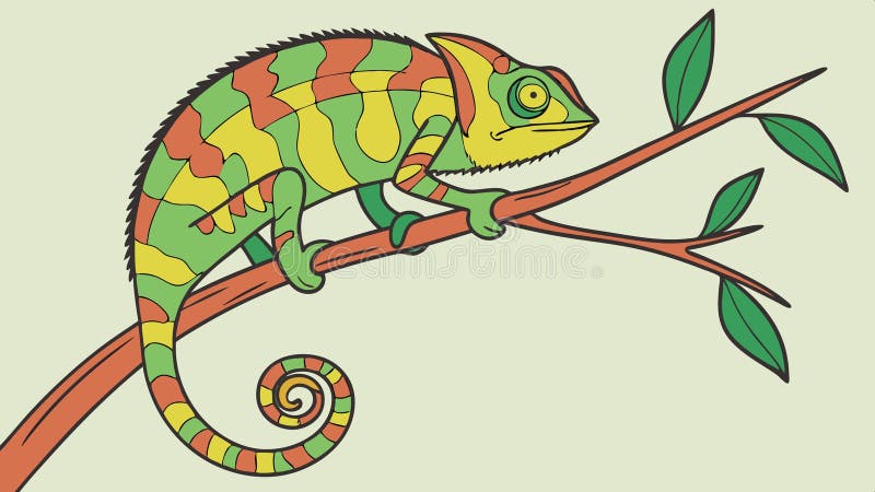 Colorful Chameleon on a Tree Branch Vector Art, vector design Generative AI. A vibrant vector illustration of a colorful chameleon perched on a tree branch, showcasing its unique texture and expressive eye. This fascinating creature is ideal for wildlife education, nature themed content, or children s animal books, vector design Generative AI