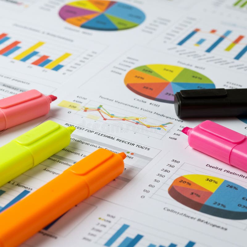 Colorful charts and graphs on papers include pie charts and bar graphs with varied royalty free illustration
