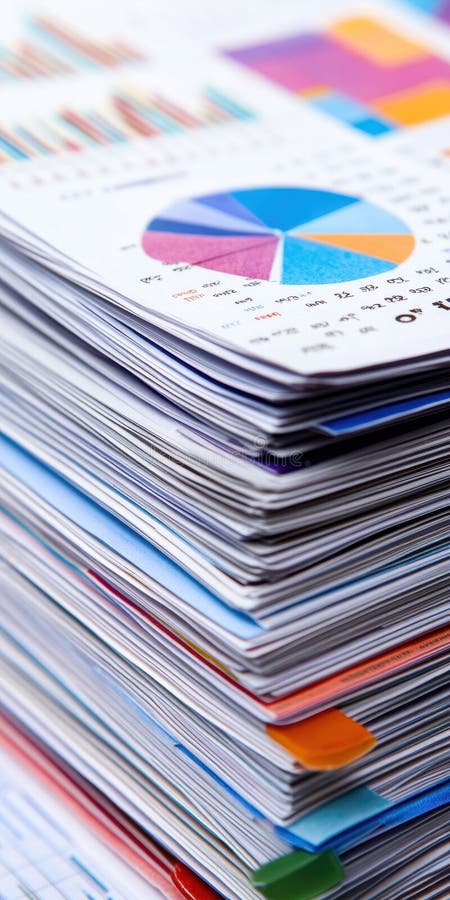Colorful Charts and Graphs in a Stack of Business Reports vector illustration