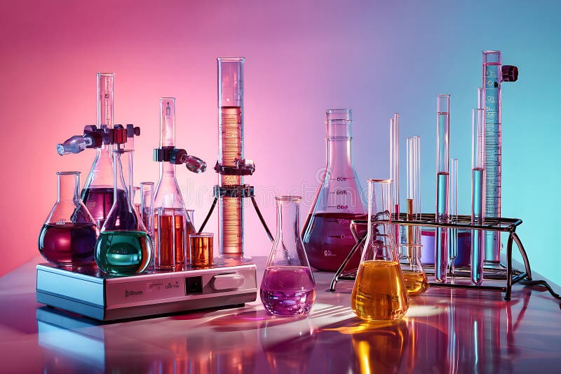 Chemistry Laboratory glassware colorful gradient. Erlenmeyer flask burette illustrations