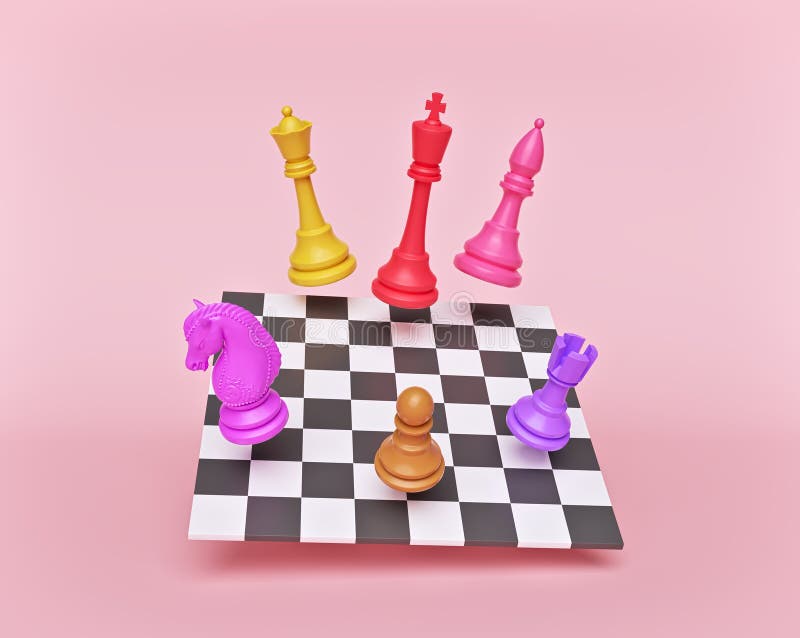 Colorful chess pieces and chess board. 3d rendering vector illustration Colorful chess pieces and chess board. 3d rendering vector illustration