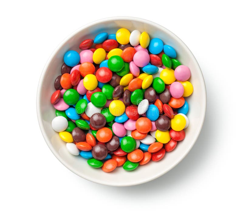 Colorful Chocolate Candy Pills in Bowl Isolated on White Backgro stock image Colorful Chocolate Candy Pills in Bowl Isolated on White Backgro stock image