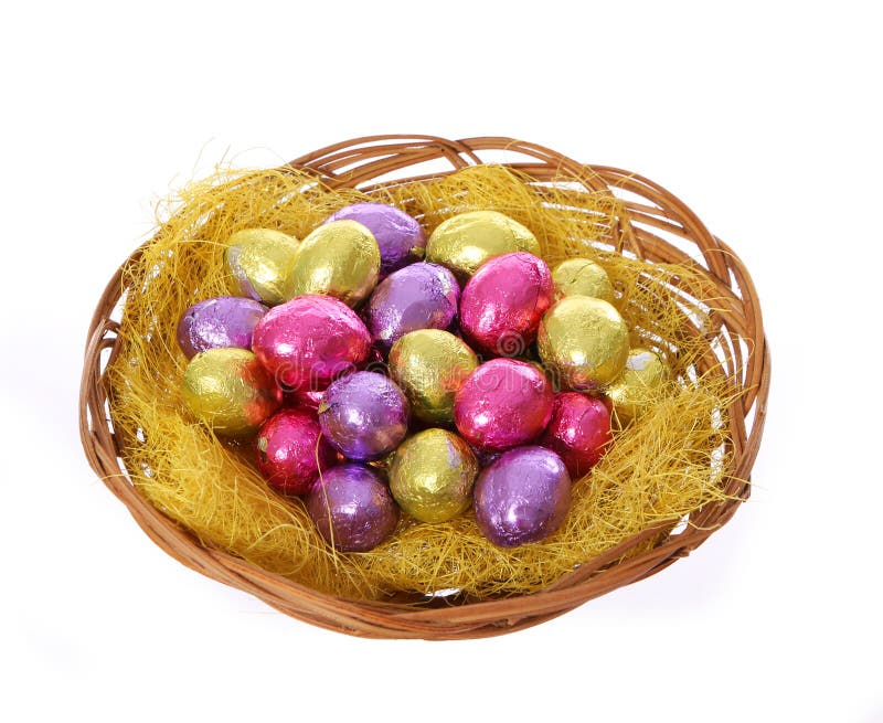 Colorful chocolate easter eggs in basket isolated