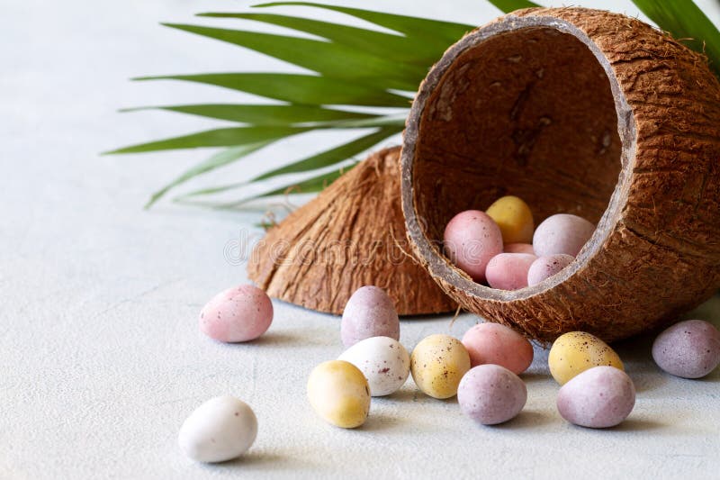 Colorful chocolate eggs in coconut shell, creative easter travel concept royalty free stock image