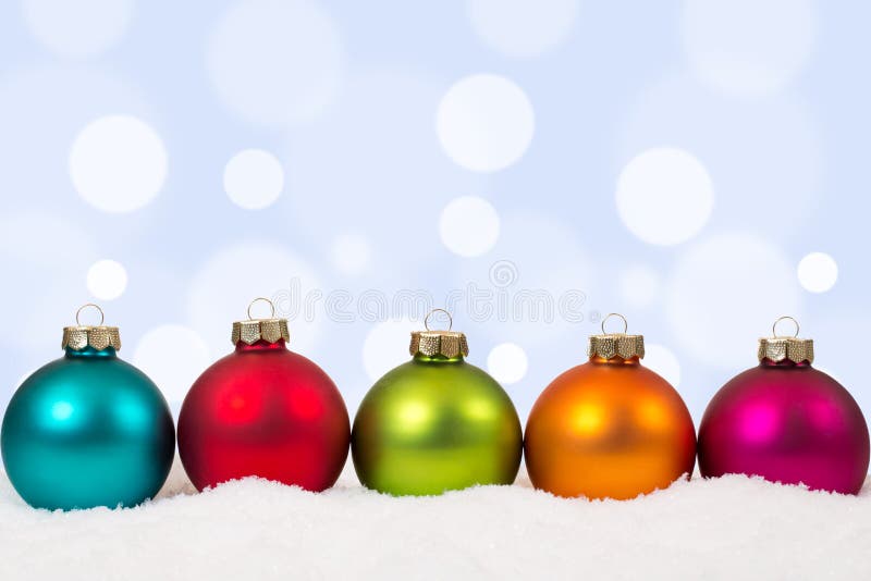 Colorful Christmas balls background decoration with snow stock image Colorful Christmas balls background decoration with snow stock image