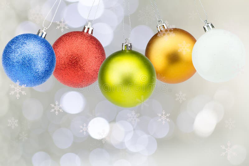 Colorful christmas balls with snowflakes on white bokeh background royalty free stock photography Colorful christmas balls with snowflakes on white bokeh background royalty free stock photography