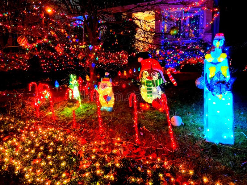 Colorful Christmas Decorations at Night in December