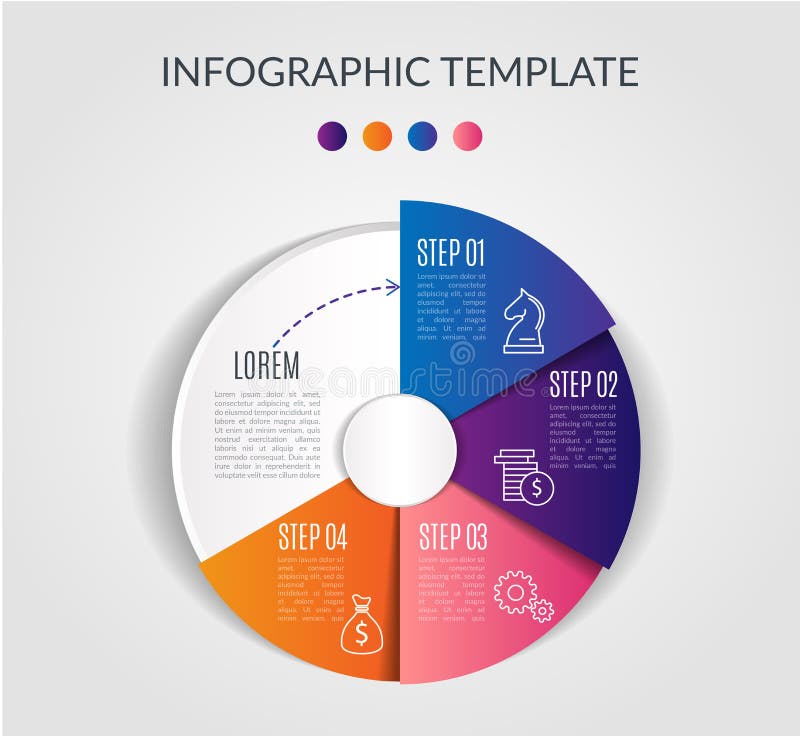 Colorful circle chart infographic template with 4 options for presentations, advertising, layouts, annual reports stock illustration Colorful circle chart infographic template with 4 options for presentations, advertising, layouts, annual reports stock illustration