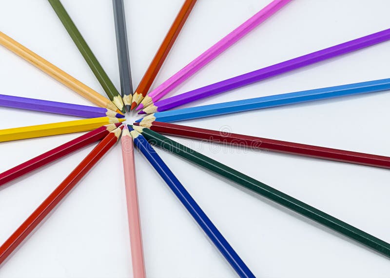 Colorful circle group of pencils red green pink yellow on a white background design creativity art school base royalty free stock images Colorful circle group of pencils red green pink yellow on a white background design creativity art school base royalty free stock images
