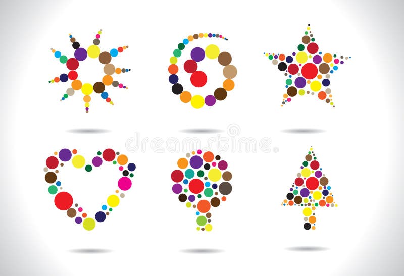 Colorful circular shapes arranged to form symbols like flower, heart, tree, star, spiral, etc. AI EPS8 vector file. Artwork managed using layers.