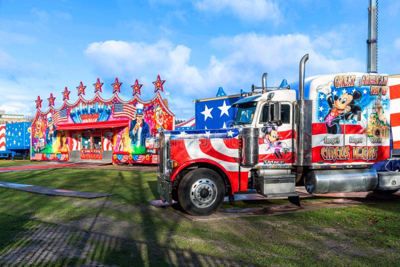 US flag decorated car colors parked in front Circus tent and entrance. US flag decorated car colors parked in front Circus tent and entrance