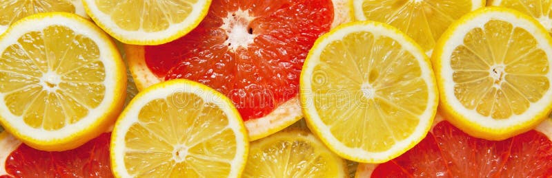 Colorful citrus fruit slices. Lemons and grapefruits. Panorama. Banner. stock images